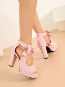 Women's Bow Chunky Heel Sandals Platform Peep Toe Ankle Strap Zip Dress Shoes - Hồng - Xem 5