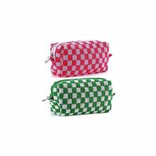 ZLFSRQ 2Pcs Checkered Pencil Case Cute Pencil Pouch For Teens Checkered Makeup Bag Medium Travel Cosmetic Bag Preppy Makeup Pouch For Purse Aesthetic Zipper Toiletry Bags Organizer(Pink/Green) - BNCheckered2PcsM粉紅色/綠色 - 查看 1