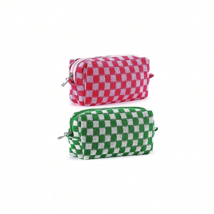 ZLFSRQ 2Pcs Checkered Pencil Case Cute Pencil Pouch For Teens Checkered Makeup Bag Medium Travel Cosmetic Bag Preppy Makeup Pouch For Purse Aesthetic Zipper Toiletry Bags Organizer(Pink/Green) - BNCheckered2PcsM粉紅色/綠色 - 查看 1