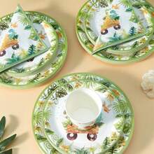 25pcs/Set Disposable Dinosaur Pattern Tableware Set, Including Plates, Napkins And Cups, Suitable For Birthday, Wedding, Party And Family Picnic - Multicolor - View 4
