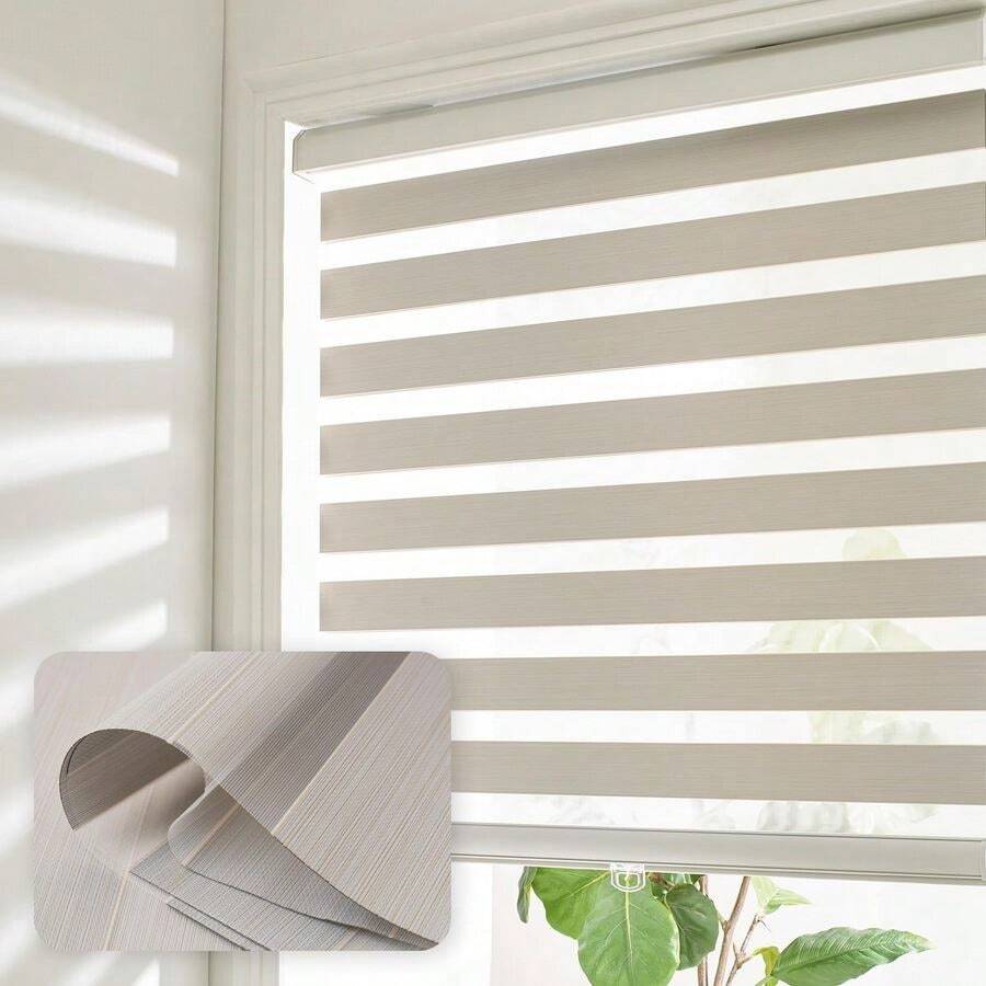 Zebra Blinds For Windows Shade Dual Layer FreeStop Light Filtering Blackout Roller Blinds Thermal Insulated Privacy Protection, Inside Or Outside MountBeige,22W X 72H - Beige22Wx72H - View 1