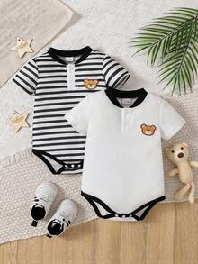 2pcs/Set Baby Boys' Black & White Striped Waffle Knit Bodysuit With Bear Embroidery, Casual & Breathable Summer Infant Bodysuit Set - Multicolor - View 1
