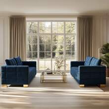 DRYMOTE 82'' Velvet Sofa For Living Room Modern Comfy Couch 3-Seater Apartment Sofa With 2 Pillows & Golden Metal Legs - 藍色 - 查看 5
