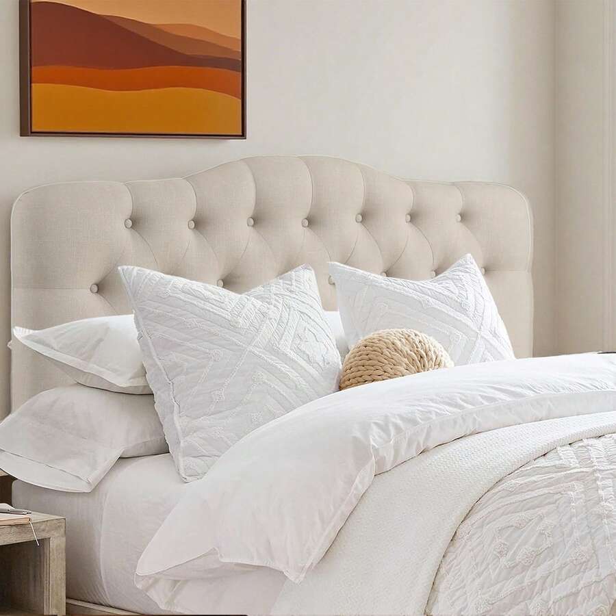 Linen Upholstered Headboard-Modern-Adjustable Height-Button Tufting, Beige - Beige - View 1
