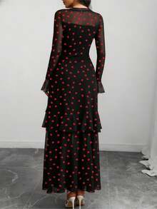 Vuslat 女士黑色红色爱心印花网纱长款连衣裙，立领长袖，层叠荷叶边下摆，优雅百搭，适合情人节派对、鸡尾酒会、街头漫步、约会等场合。 - 紅色 - 查看 6