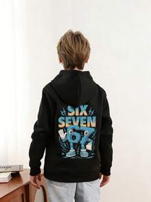 Tween Boy "67 Funny Number Meme" Graphic Fleece Pullover Sweatshirt Sweatshirt, Warm & Comfortable For Autumn/Winter, Suitable For Casual Wear & Streetwear - Black - View 2