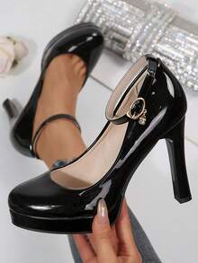 Women Pumps Shoes Platform Chunky Block Heel Close Toe Shoe Ankle Strap Party Dress Heels - màu đen - Xem 3
