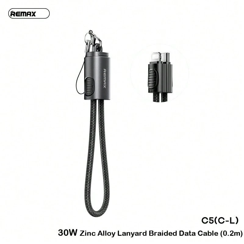 REMAX C5(C-L) 高效能充電傳輸線 採用鋅合金介面與編織線體 支援PD快充協定 充電穩定且有效率 0.2公尺編織短線帶掛繩 黑色 - 黑色 - 查看 1