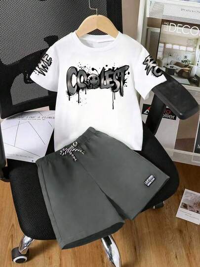 Tween Boy Casual Fashion Street Daily Commute Cartoon Letter Print Short Sleeve T-Shirt And Drawstring Waist Shorts Set, Summer