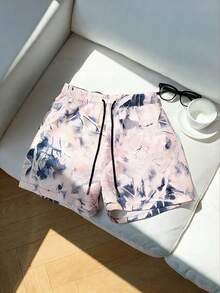 女款夏季枝條印花短褲，休閒舒適戶外運動服，彈性腰帶，輕量快乾面料，適合旅行 - 淺粉色 - 查看 4