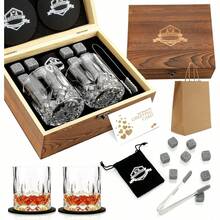 Whiskey Stones Gift Set - Whiskey Glass Set Of 2 - Granite Chilling Whiskey Rocks - Scotch Bourbon Box Set -Father's Day Birthday Gifts For Men Drinking Gift For Dad Him Husband Party Holiday Present LQ02W - 直筒玻璃杯+花崗岩 - 查看 1