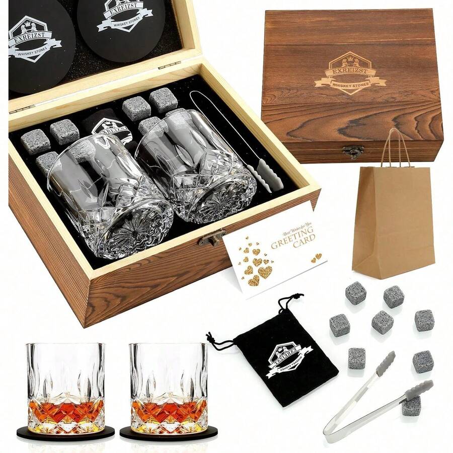 Whiskey Stones Gift Set - Whiskey Glass Set Of 2 - Granite Chilling Whiskey Rocks - Scotch Bourbon Box Set -Father's Day Birthday Gifts For Men Drinking Gift For Dad Him Husband Party Holiday Present LQ02W - 直筒玻璃杯+花崗岩 - 查看 1
