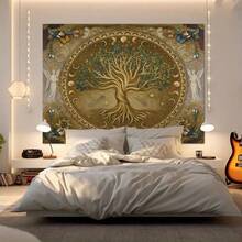 1件波西米亚风格生命之树印花挂毯，现代涤纶方形装饰壁挂，适用于客厅和卧室 - 彩色 - 查看 7