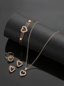 5pcs Heart-Shaped Diamond Jewelry Set, Including Necklace, Bracelet, Ring And Earrings, Suitable For Girls, Minimalist And Elegant Design, Suitable For Daily Wear Or Gift Giving, Also Suitable For Thanksgiving, Back To School And Graduation Seasons
