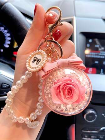 1 pieza, nuevo estilo de cadena de llavero con flor preservada con lazo y perla, llavero de coche con rosa creativa, colgante de bolso, regalo para mujeres.