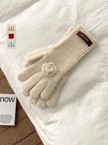 纯色标签针织手套，女士秋冬露指触屏五指防风保暖手套，女士多功能加厚针织手套，骑行保暖