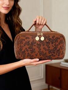 1 PC Dark Brown Paisley Handbag With A Sophisticated Feel Make Up Bag,Fashionable And Casual Large Capacity Portable Zipper Makeup Bags,Travel And Vacation Essentials Cosmetic Bags For Sanitary Napkins,Pouch Pads,Wired Earphones - 亮橙色 - 查看 10