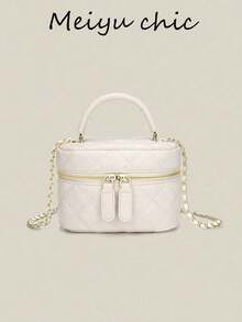 迷你女士手提包，百搭时尚，采用PU材质，拉链封口，可手提或肩背，圆形设计，适合女性、女学生、通勤、外出、约会、旅行和日常使用，是一款适合各种场合的时尚包包。 - 白色 - 查看 5