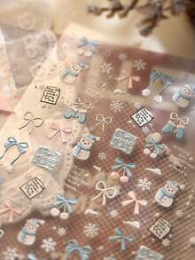 1片冬日梦幻雪人蝴蝶结美甲贴纸，美甲师必备，3D立体压纹箔片设计，卡通雪人和雪花美甲装饰，美甲用品，自粘可重复使用美甲贴纸，女士礼物，美甲护理，优雅美甲配饰礼品 - 淺藍色 - 查看 9
