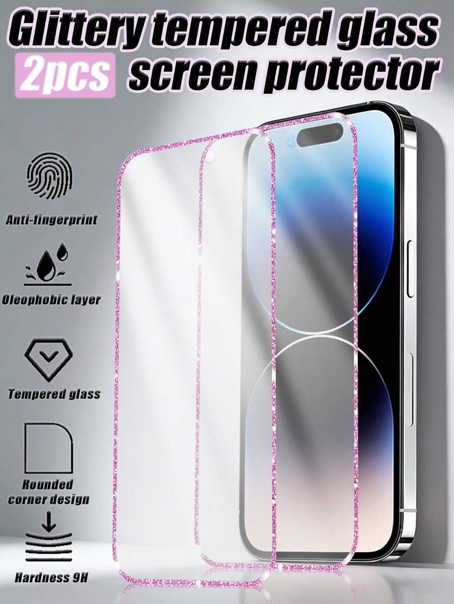 MSRI 2pcs, Pink Glitter Edge Tempered Glass Screen Protector, Anti-Scratch, Anti-Collision, Water-Resistant, High-Definition Tempered Glass Screen Protector, Compatible With Apple 11/12/13/14/15 Pro Max/16 Plus/16 Pro/16 Pro Max/16e/17/17 Air/17 Pro/17 Pro Max Series Phone Accessories