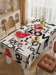 This Valentine's Day Tablecloth Is Made Of Mixed Polyester Fabric In A Rectangular Design, Featuring Hand-Painted Pink And Black/Red Heart Patterns And "Love" Text. It Is Versatile For Use In Homes, Living Rooms, And Cafes. - Multicolor - View 11