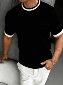 Camiseta de punto de cuello redondo de rayas para hombre GRDR - Casual, minimalista, versátil para uso diario - Negro - Ver 2