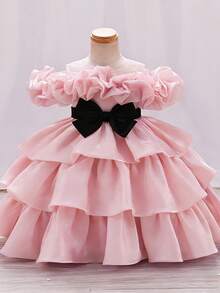 Toddler Girls' Ruffle Bow Tulle Party Dress, Cute Flower Girl Princess Dress Suitable For Holiday Party, Wedding, Banquet - Pink - View 1