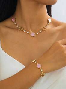 1 Set Romantic, Delicate, Luxurious, Elegant, Sweet, Lucky Hollow Four-Leaf Clover & Five-Leaf Clover Pendant Necklace And Bracelet Jewelry Set For Women ZLNW - Pink 2 - View 8
