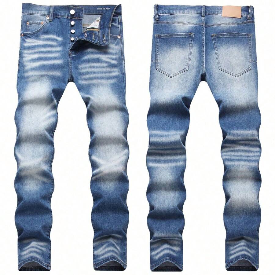 Vaqueros ajustados elásticos con bigote de gato azul para hombres, esenciales de streetwear, pantalones de mezclilla cómodos y estirables, moda juvenil, ropa casual - Azul - Ver 1