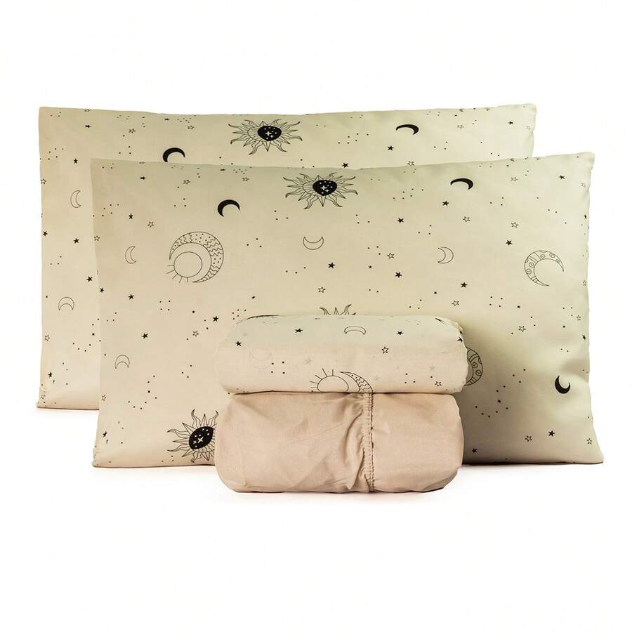 Queen Size 4-Piece Bed Sheet Set, Essencialle Cotton, 160 Thread Count, With Elastic - Mặt trời và Mặt trăng - Xem 1