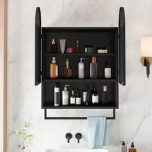 Modern, 60 Cm High Mirrored Cabinet With Double Arches, 2 Doors, Metal Wall Cabinet With Open Shelf And Towel Rail, Mirrored Cabinet With Storage Space For Bathroom, Living Room And Bedroom, Black - Black - View 5