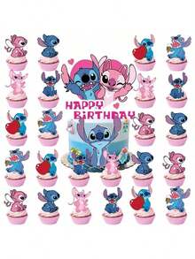 25pcs Pink Cosmic Baby Stickers, Suitable For Photo Ops, Birthday Cake Decor, Party Decorations, Stitch Cake Flags, Includes Decorative Props And Supplies - Multicolor - View 3