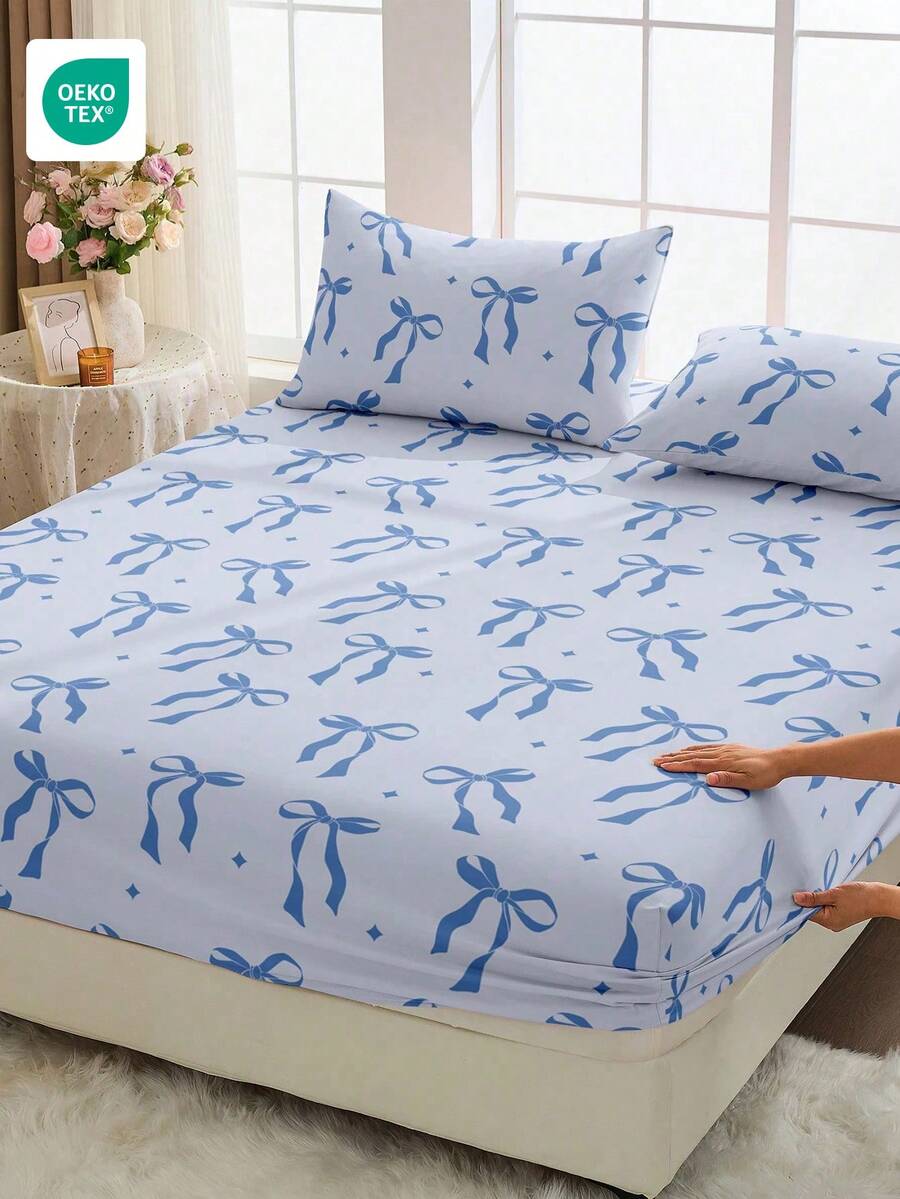1pc Soft & Comfortable Fitted Sheet, Mattress Protector, Bedding Set, Bowknot Pattern, Blue, Home Decor, Valentine's Day Gift