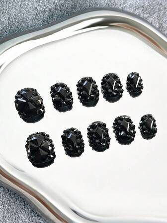 椭圆形手工按压式美甲，透明甲片，蓝色水钻，闪亮全覆盖3D设计 - 全覆盖DIY闪光人造指甲，适用于派对、户外、海滩、日常、节日、聚会、工作和特殊场合 - 10片/袋