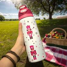 0-Wa-Laa 32oz Travel-Sized Water Bottle With Handle And Flip-Top Straw - Fits In Cup Holder, Leak-Proof And Insulated - Reusable, Made Of Stainless Steel - Cartoon Design - A Perfect Gift For Both Men And Women. - 玫紅色 - 查看 3