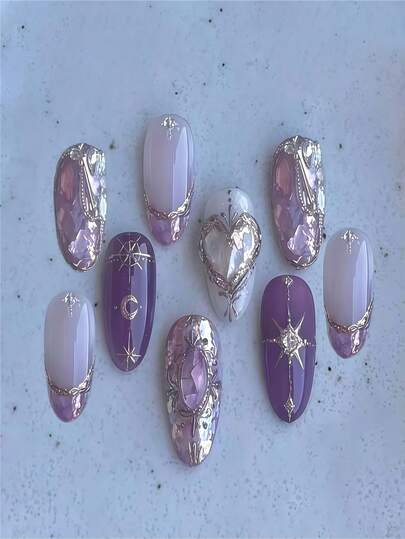 24pcs Shiny Diamond Star & Moon Press-On Nails, 3D Crystal Heart False Nails, Suitable For Women Nail Salons And Nail Art Enthusiasts, Valentine's Day Gift For Mom, Daughter, Girlfriend, Mother's Day