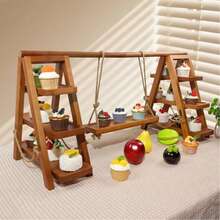 MOUGIGI Rustic 3-Tier Wooden Cupcake Stand With Swing Design - Tiered Serving Tray For Cake, Dessert, Snack Display | Donut Stand For Party, Halloween Decorations, Christmas Gift - Removable Trays & Sturdy Wooden Shelves For Birthday, Catering, Centerpieces