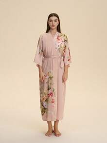Áo choàng kimono dáng rộng, thanh lịch kiểu Bohemian in họa tiết cổ điển, cỡ lớn, thích hợp mặc ở nhà, thắt eo, mặc ngoài biển nhẹ, khăn choàng đi biển, chống nắng màu hồng. - Hồng - Xem 5