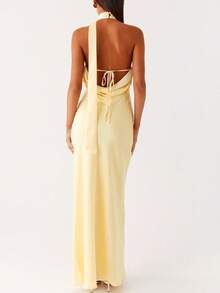 Women Scarf Maxi Dress Silk Halter Neck Tie Up Backless Bodycon Dress Cowl Back Draped Party Wedding Guest Cocktail Dresses With Neck Scarf - 黃色 - 查看 4