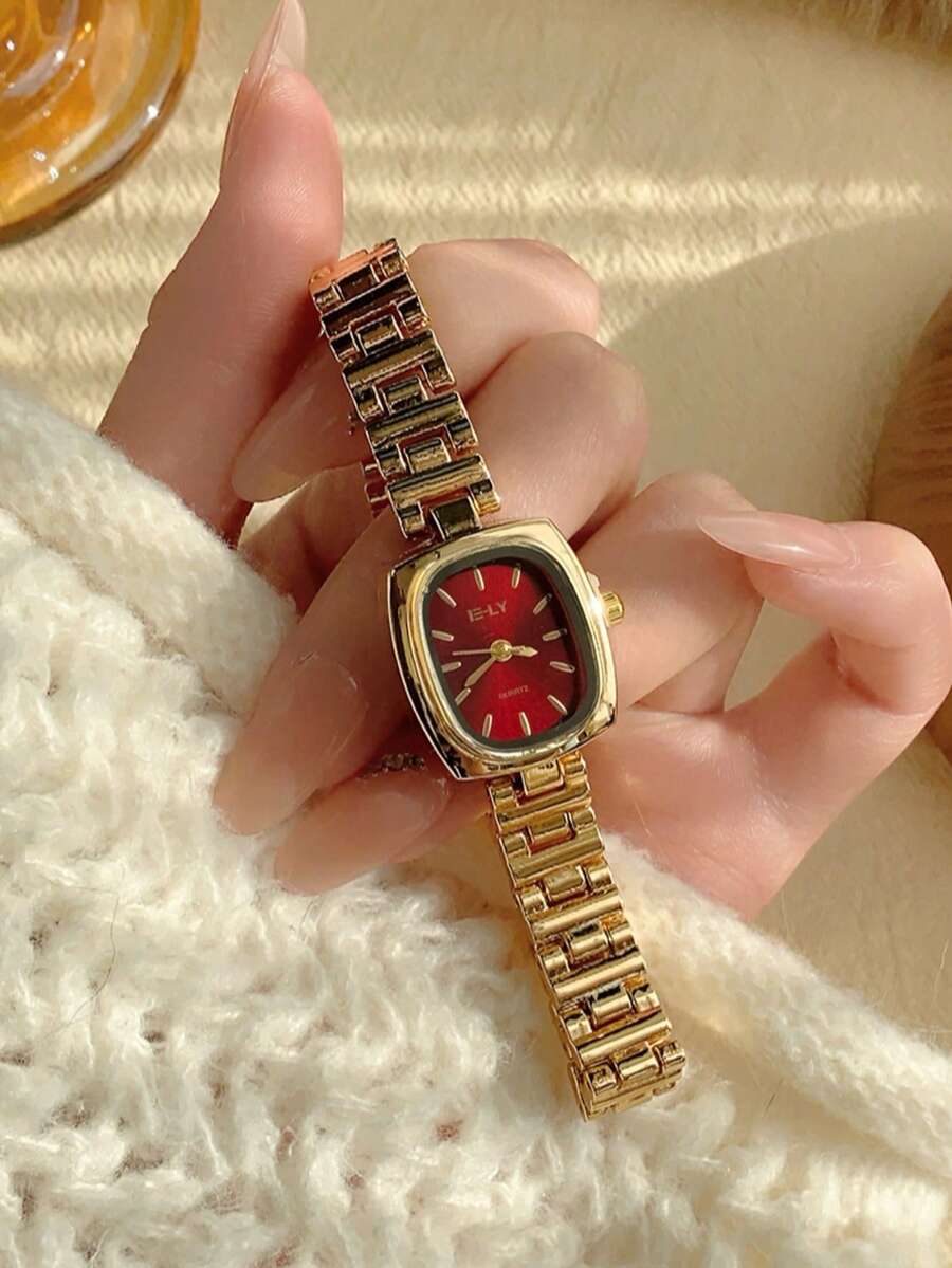 1 件女士椭圆形银黑色表盘金色石英休闲手表，适合日常佩戴 - 酒紅色 - 查看 1