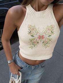 Women's Round Neck Plain Butterfly Print Crop Top, Casual Street Fashion Knit Vest, Spring Summer Cute, Versatile And Stylish - Apricot - View 1