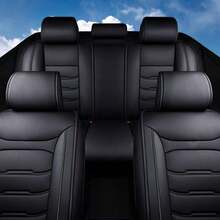 Sleek Black Faux Leather Stitched 5-Seater Full Coverage Car Seat Covers - Universal Fit Auto Seat Protectors - 五座黑色 - 查看 3