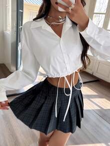 EARO Casual White Shirt, Summer Loose Drawstring Short Collared Cardigan, Versatile Outerwear - White - View 8