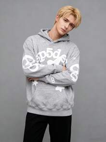 Men's Hip Hop Spider Web Pattern Graphic Alphabet Print Y2k Hoodie - 灰色星星 - 查看 4