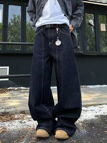 1pc Justice Brother Patchwork Wide Leg Jeans, Casual Loose Fit Comfortable Versatile All Season Plus Size Men's Denim Pants - Blue - View 6