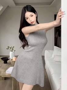 Váy len không tay kiểu Pháp nhẹ nhàng, váy mini len đan cho nữ, váy yếm chữ A thanh lịch, phong cách tối giản gợi cảm khi đi làm của Pháp - Xám - Xem 5