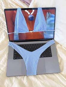 春夏可爱蓝色格子印花系带比基尼套装，女士两件式泳衣，夏季海滩度假交叉露背泳装，适合复活节、圣帕特里克节、外出、毕业典礼等场合，优雅时尚 - 藍色 - 查看 8