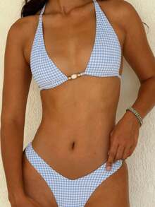 春夏可爱蓝色格子印花系带比基尼套装，女士两件式泳衣，夏季海滩度假交叉露背泳装，适合复活节、圣帕特里克节、外出、毕业典礼等场合，优雅时尚 - 藍色 - 查看 10