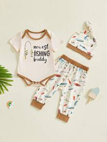 Conjuntos de ropa para bebé niño, mono de manga corta con estampado de peces a la moda, pantalones y gorro, 3 piezas - Beis - Ver 1
