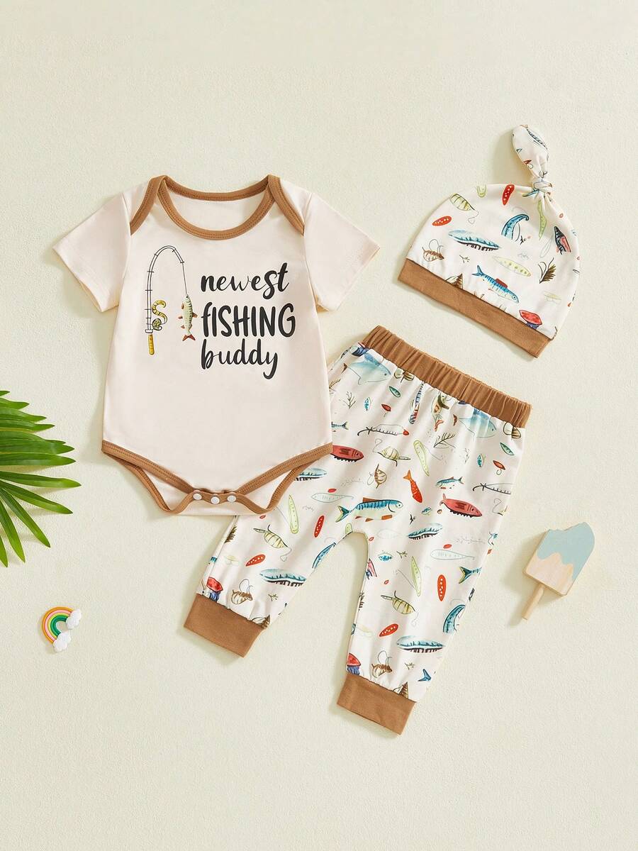 Conjuntos de ropa para bebé niño, mono de manga corta con estampado de peces a la moda, pantalones y gorro, 3 piezas - Beis - Ver 1